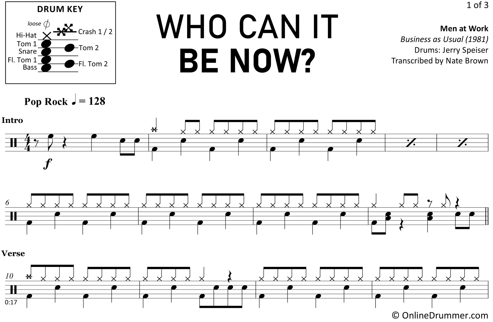 Who Can It Be Now? - Men at Work - Drum Sheet Music