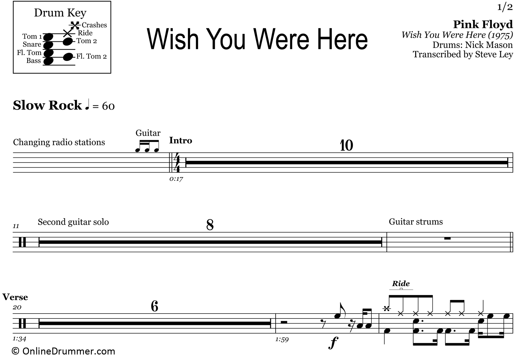Wish You Were Here - Pink Floyd - Drum Sheet Music