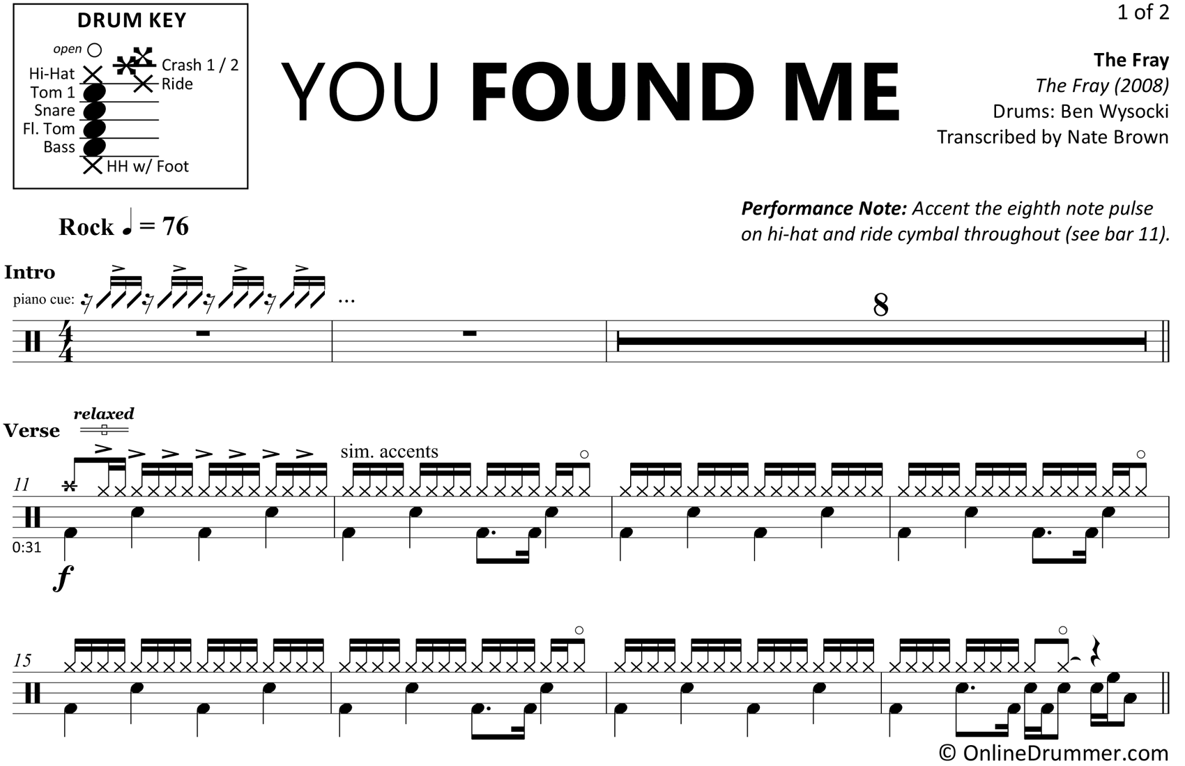 You Found Me - The Fray - Drum Sheet Music