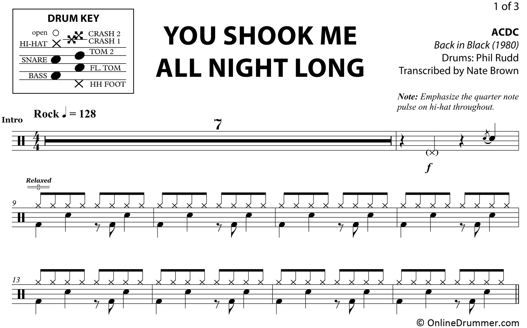 You Shook Me All Night Long - ACDC - Drum Sheet Music